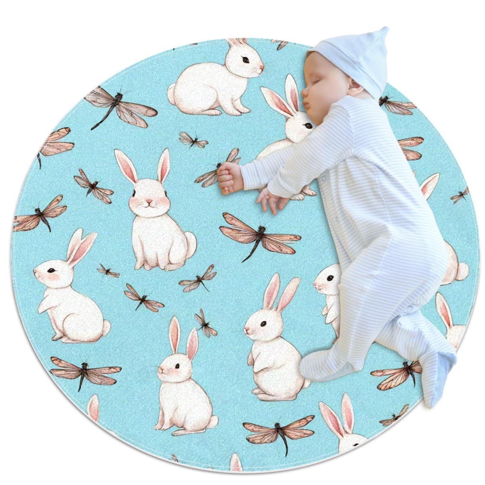 Tapis de bain rond 1m antidérapant avec lapins mignons pour chambre d'enfant