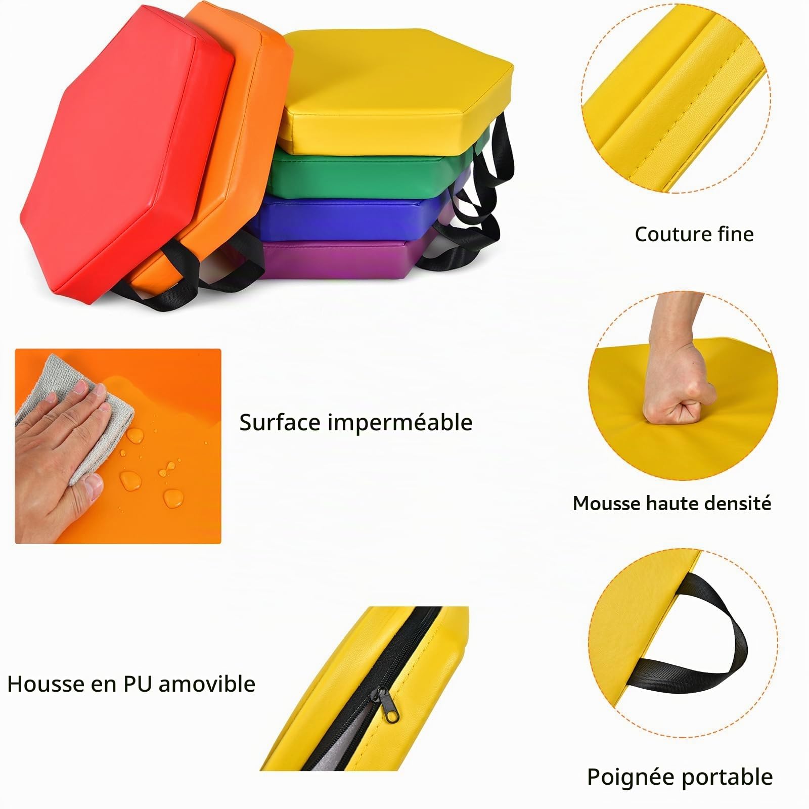 LIFEZEAL Lot 6 Coussins de Chaises pour Enfants, Galette de Chaise en Mousse et PU, Futon de Sol Adulte Empilable Multicoloré avec Poignée, 38x34x5 CM, Intérieur et Extérieur