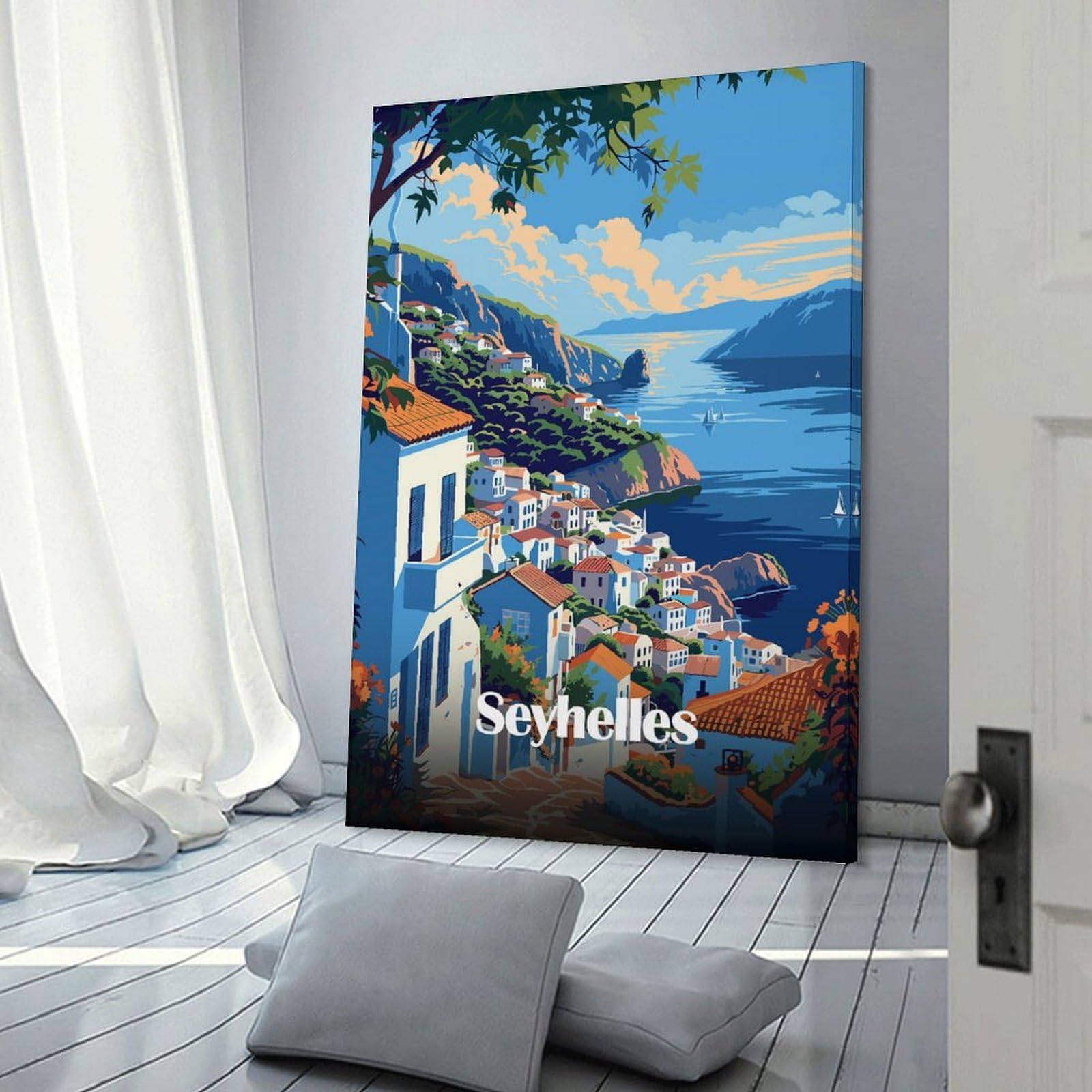 Junmoney Frame-Style-9 Seychelles Coastal Town Canvas Art Print, 20X30inch(50X75cm), For Living Room, Bedroom, Office Or Hallway, Decorative Artwork With Broad Appeal