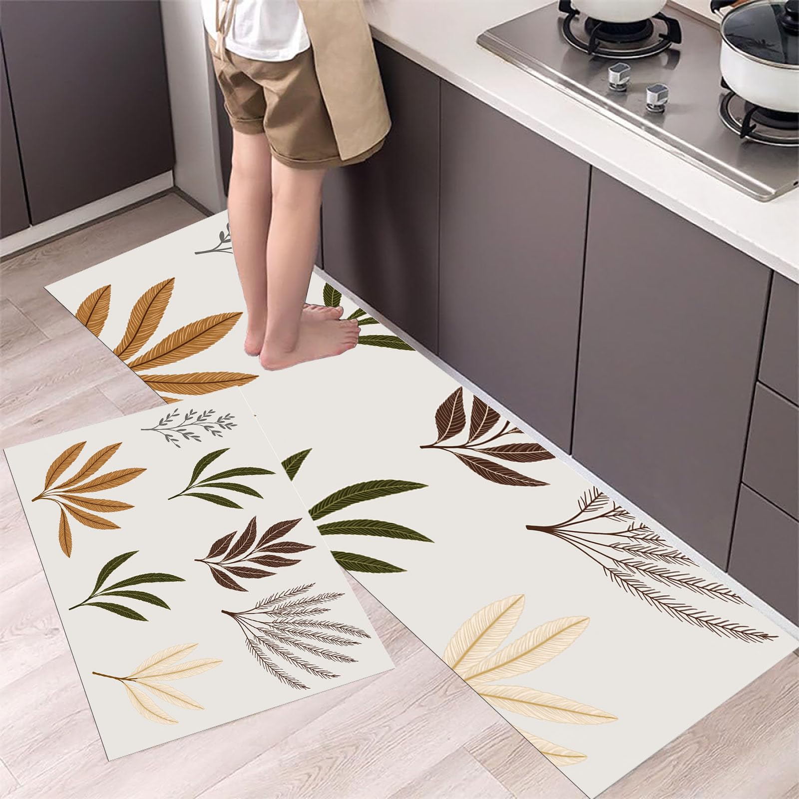 Alfombras de cocina 2 piezas con líneas de hojas para decorar interiores