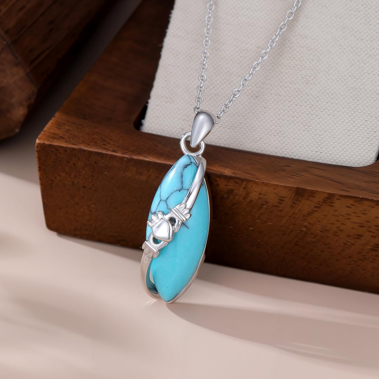 Claddagh Necklace for Women, S925 Sterling Silver Black Agate/Cat Eye/Malachite/Turquoise/Amethyst/Tiger Eye Gemstone Claddagh Pendant Irish Jewelry Anniversary Birthday Gifts for Women - Image 4