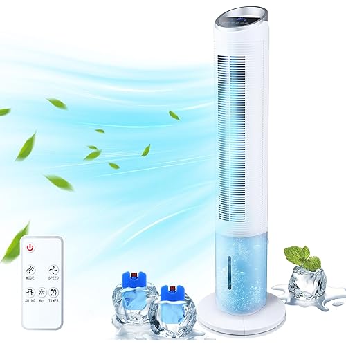 Trustech Evaporative Cooler - 40" Portable Air Cooler with 70° Oscillating & Humidifying, 3 Speeds & 3 Modes, 8H Timer, Cooling Tower Fan with Remote,2 Ice Boxes, Quiet Swamp Cooler for Rooms, Office