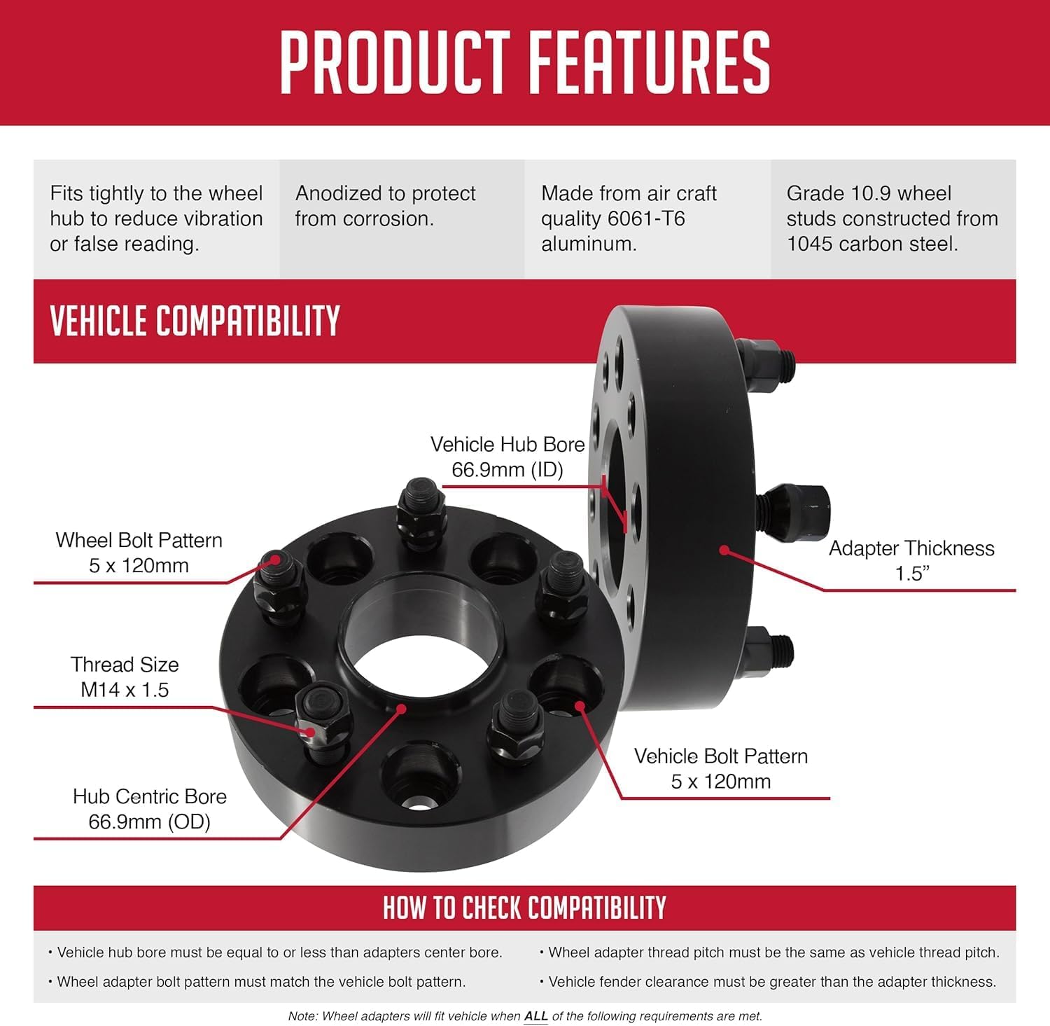 Wheel Accessories Parts 4 Pcs Hub Centric Wheel Spacers Adapters 5 on 120mm 5x120mm 1.50 Inch Thick 66.9mm Hub M14x1.5 14x1.5 Thread Stud Fits 2010+ Chevy Camaro ｜ 2020+ Corvette ｜10-17 GMC Terrain