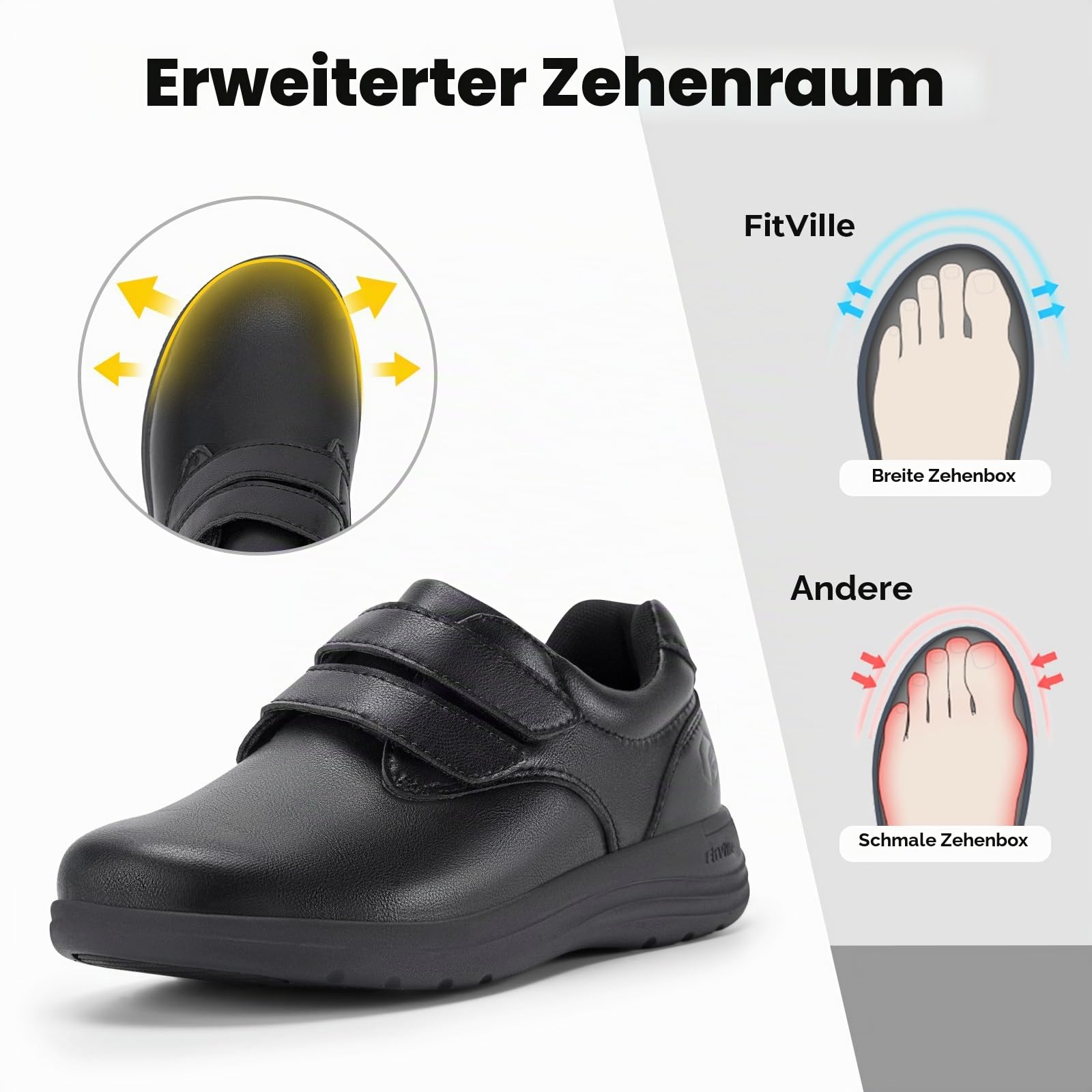 FitVille Diabetiker Schuhe Damen Extra Weit Leder Schuhe Hausschuhen Orthopädische Schuhe mit Klettverschluss Verstellbare Gesundheitsschuhe Bequemer Elegant Walkingschuhe für Geschwollene Füße