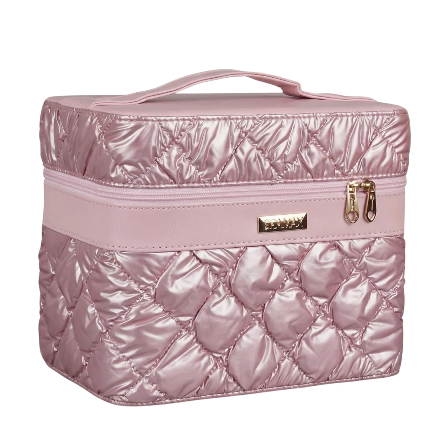 SHAMAX® Cosmetic Bridal Make Up Box Trousseau Box Vanity Beauty Case Organizer for Wedding Makeup Box 4 Trays Foldable, Vanity Case (Large) Dual Zipper & Hd Mirror Mini Luggage (630, Quilting/Pink)-image-15