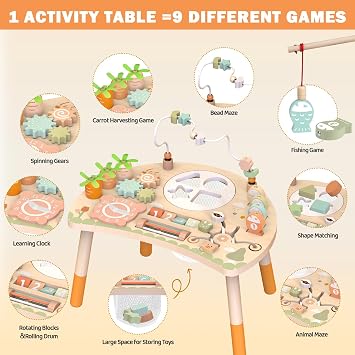Weilim Activity Table for 18 Months+, 9-in-1 Wooden Montessori Toddler Toy