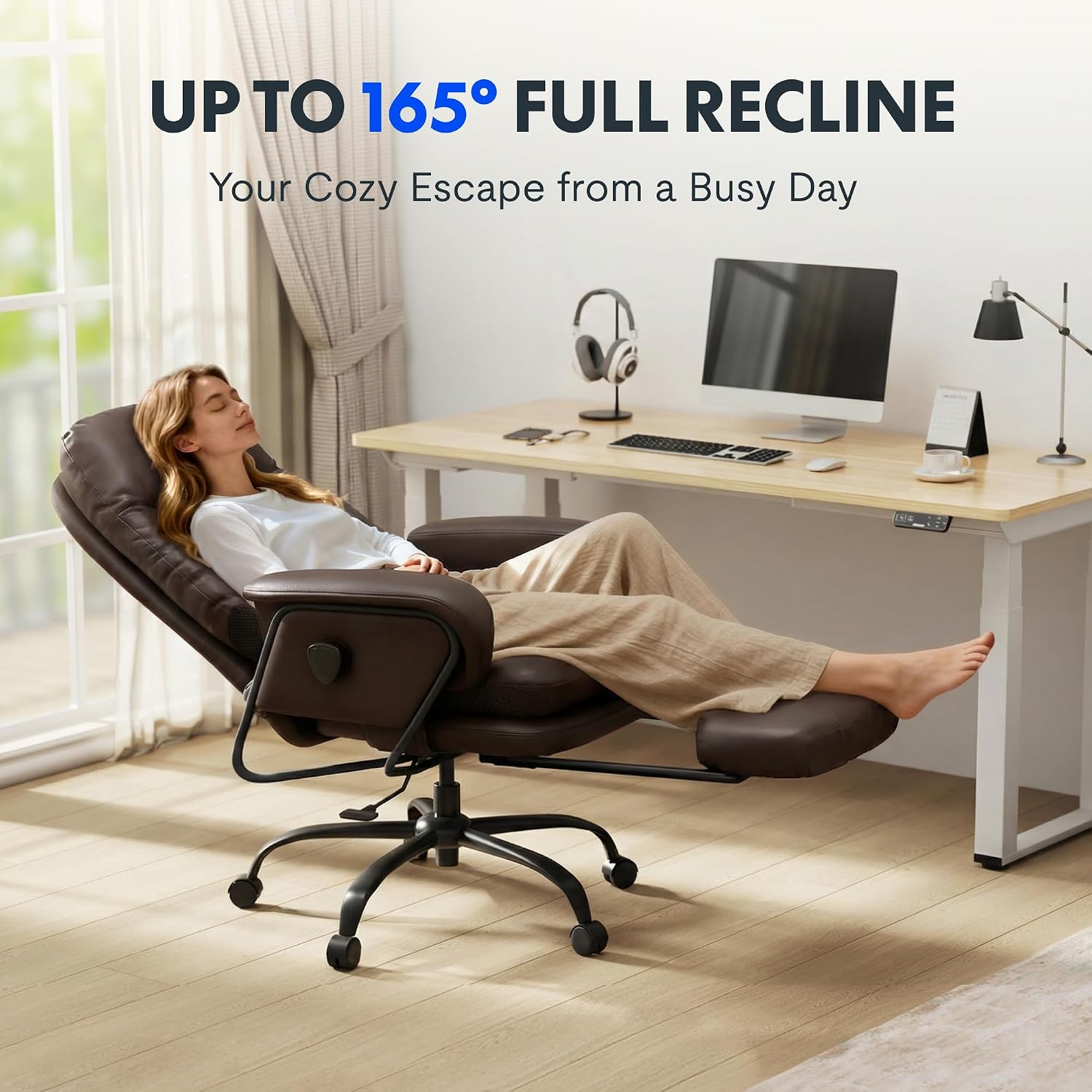 FLEXISPOT Multi-Task Lounge Chair Indoor High Back Computer Chair with Footrest 90-165° 4-Level Reclining, Home Office Desk Chairs for Working Relaxing Sleeping Multi Sitting Mode, PU Leather, Brown