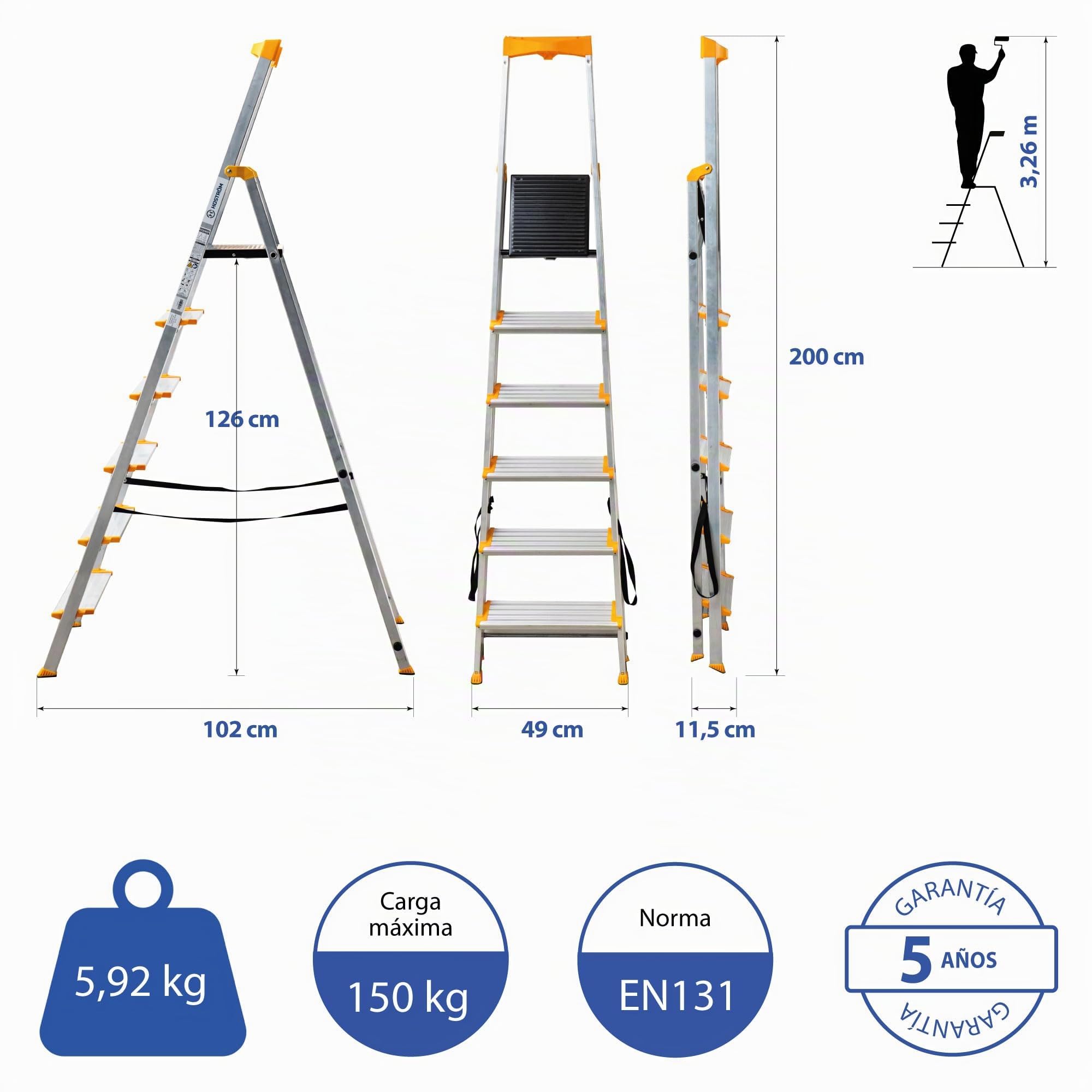 HOSTRÖM Escalera de 6 peldaños en Aluminio, Plegable y Segura, Bandeja portaherramientas, peldaños Anchos 12 cm, Uso doméstico y Pro, garantía 5 años.