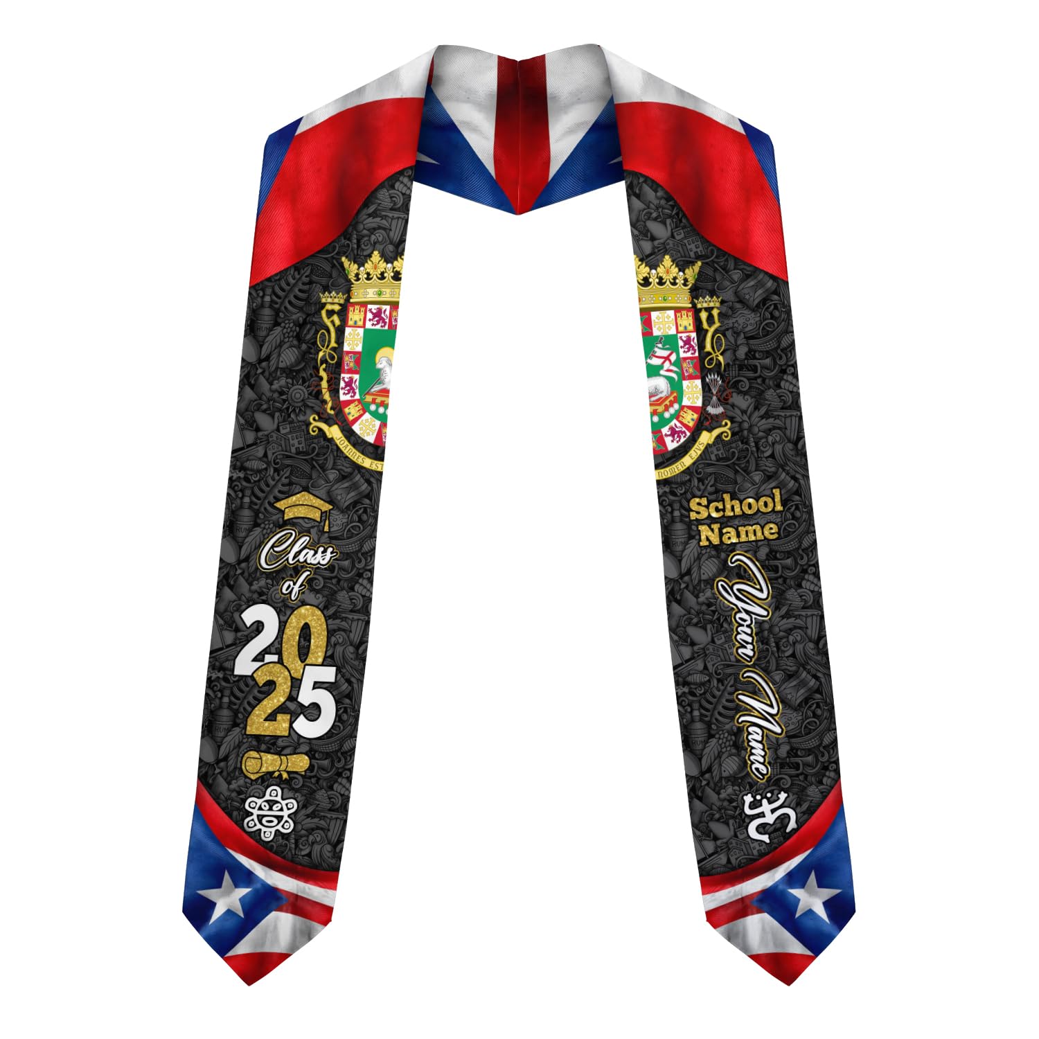 MonkeyVan Personalized Puerto Rico Graduation Sash 2025, Custom Puerto Rican American Flag Graduation Stole Class of 2036 S164