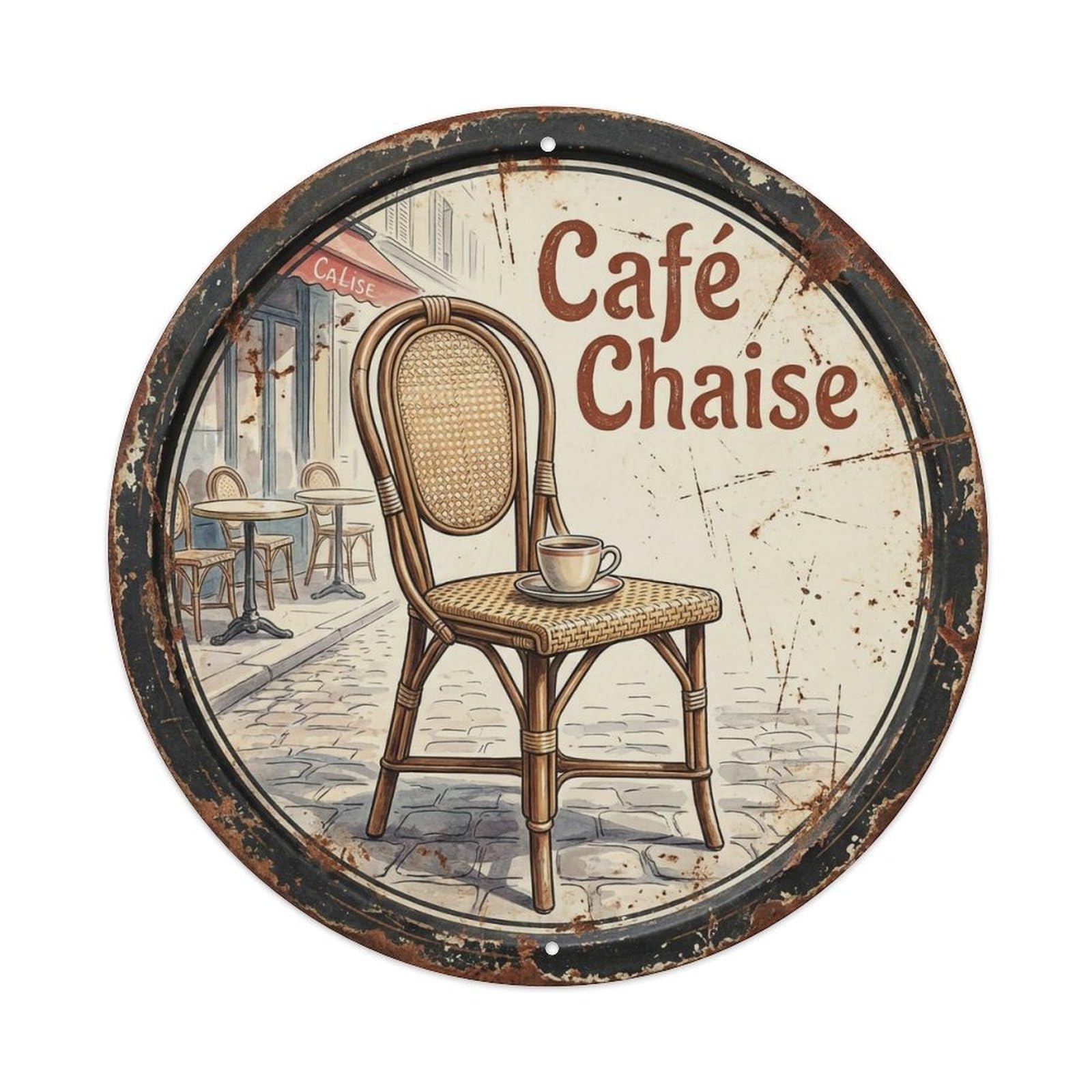 Bistro Chair Lounge Cafe Metal Tin Sign Plaque Wall Decor for Cafe, Club, Garden Round Metal Poster 8x8Inch
