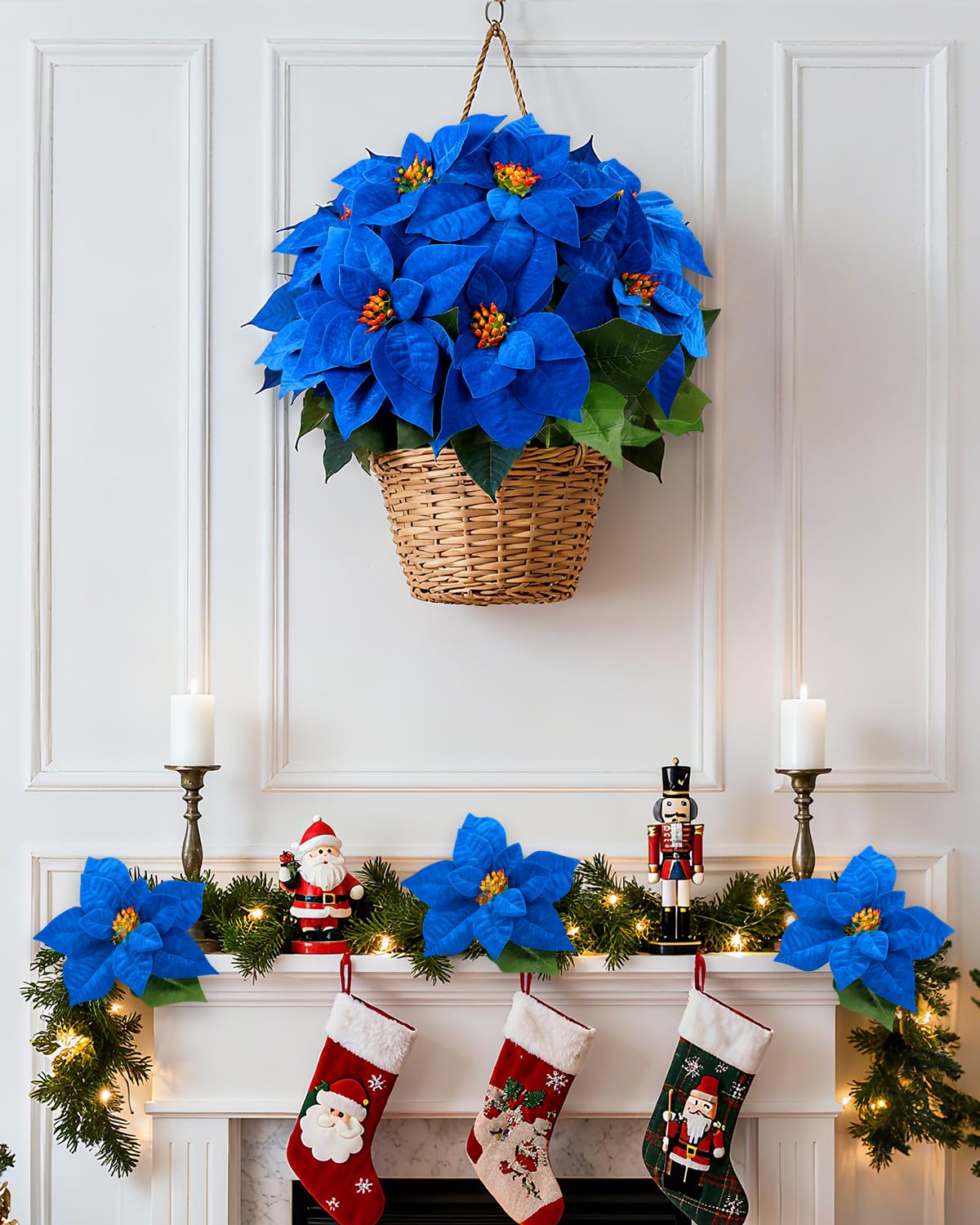 DuHouse Lot de 2 poinsettias artificiels en velours bleu roi de 50 cm pour la maison, la véranda, l'arbre, le jardin, l'intérieur et l'extérieur, décoration de Noël