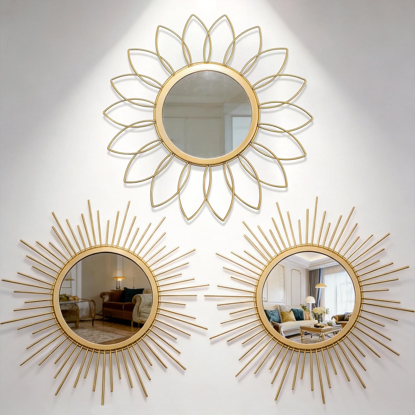Boho Sunburst Wall Mirror Set of 3, 12 Inch Round Antique & Modern Metal Wall Art, Hanging Over The Door Mirrors for Wall Decor in Living Room, Bedroom, Bathroom, Entryway（Gold）
