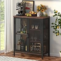 BON AUGURE Rustic Oak Coffee Bar Cabinet - Farmhouse Liquor Storage Sideboard with Adjustable Shelves, Industrial Mesh Doors for Kitchen Living Room (29.5"W x 36"H)