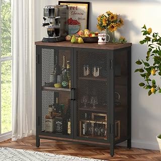 BON AUGURE Rustic Oak Coffee Bar Cabinet - Farmhouse Liquor Storage Sideboard with Adjustable Shelves, Industrial Mesh Doors for Kitchen Living Room (29.5"W x 36"H)
