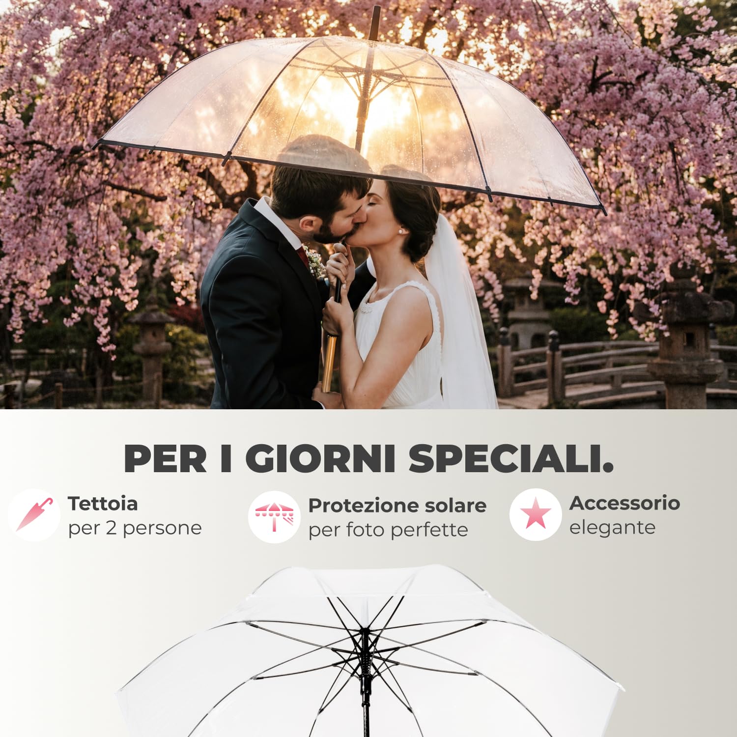 LOGAN & BARNES Ombrello da matrimonio trasparente con manico di alta qualità in vero legno Ø120 cm – Elegante grande ombrello per 2 persone, trasparente XXL – Modello CARDIFF