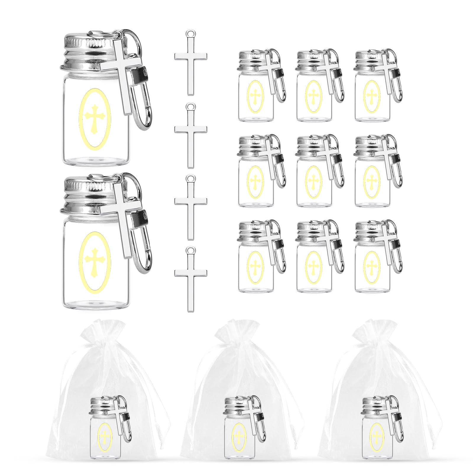 12 Pcs Holy Water Bottle Keychain with Catholic Christian Glass Watering Vial Cross and Sticker Holy Water Vial Set for Church Wedding Party Favors