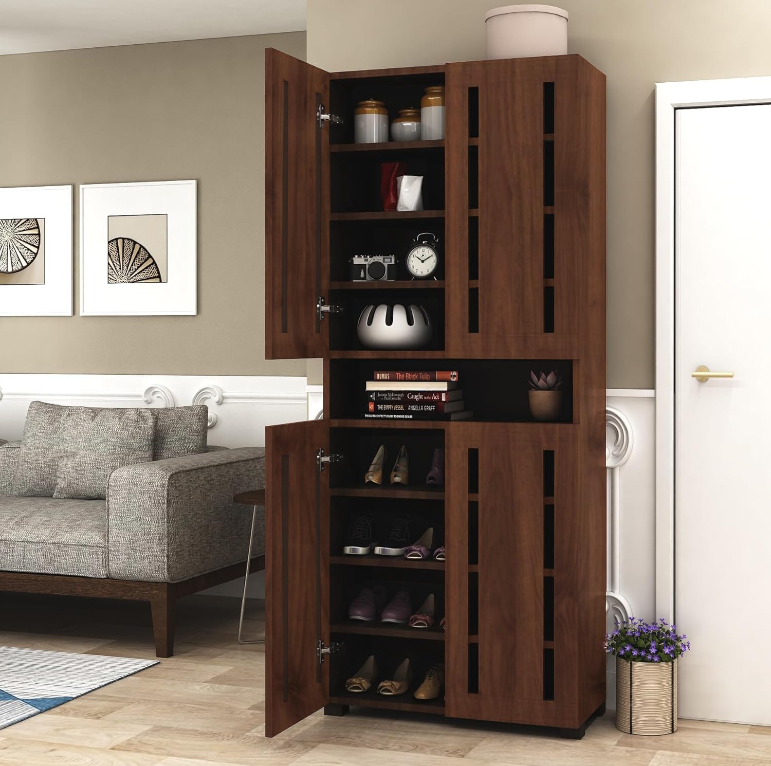 Furniva Skyline 6 Feet Wooden Two Door Utility Shoe Rack for Home Entrances/Hallways | Engineered Wood | 9 Shelves | Airflow Slots | Multipurpose Shoe Cabinet Organizer | Coulbia Walnut- DIY Assembly-image-33