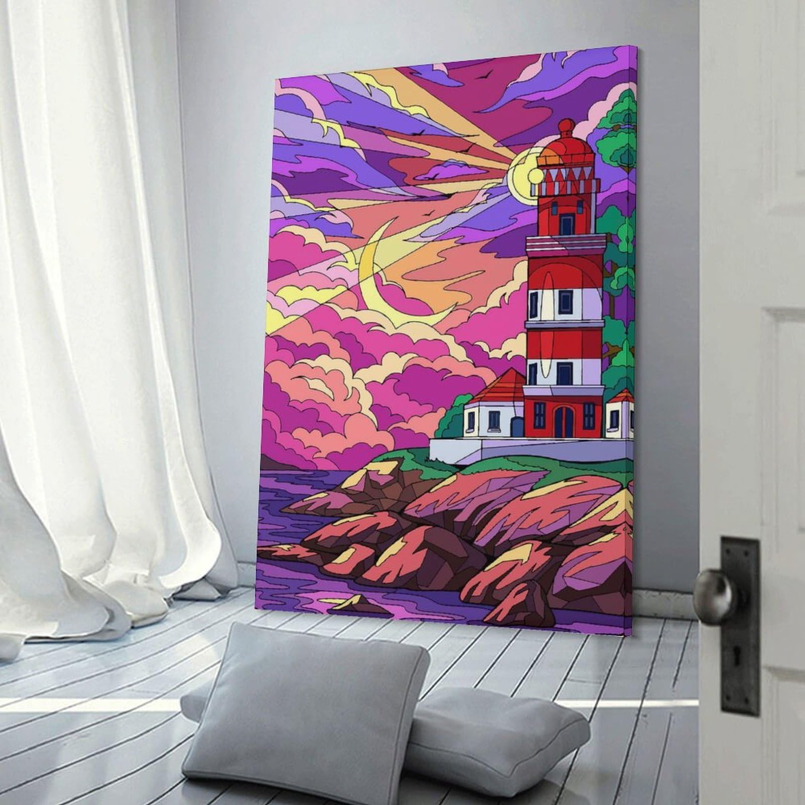 Junmoney Vibrant Lighthouse at Sunset Decorative Wall Artwork, 20x30inch(50x75cm), for Home Lounge, Bedroom Or Reading Nook, Eye Catching Artwork for Blank Walls