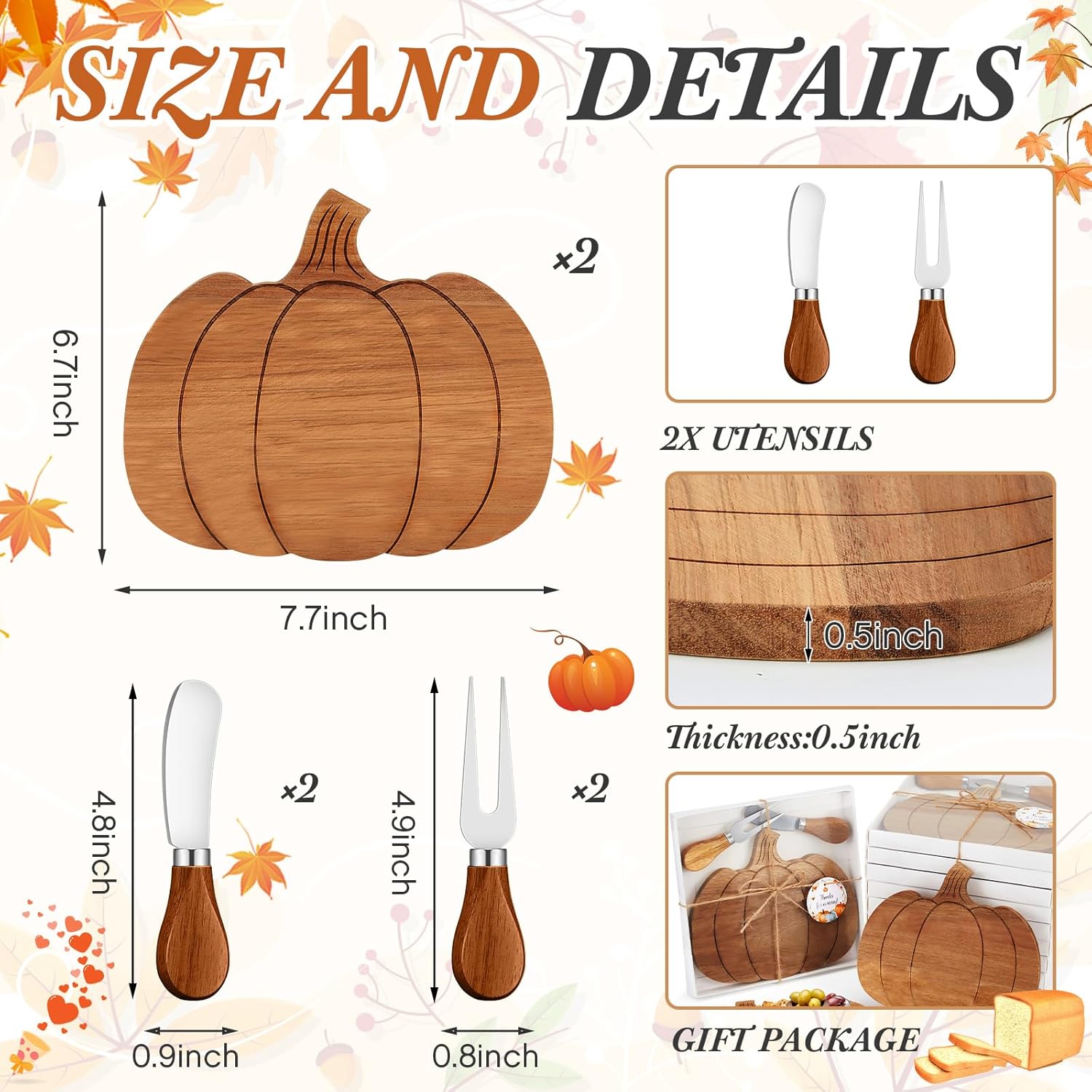 Ziliny 2 Sets Pumpkin Cheese Board Fall Party Favors Small Thanksgiving Wood Cheese Board with Knife Set for Kitchen Decoration