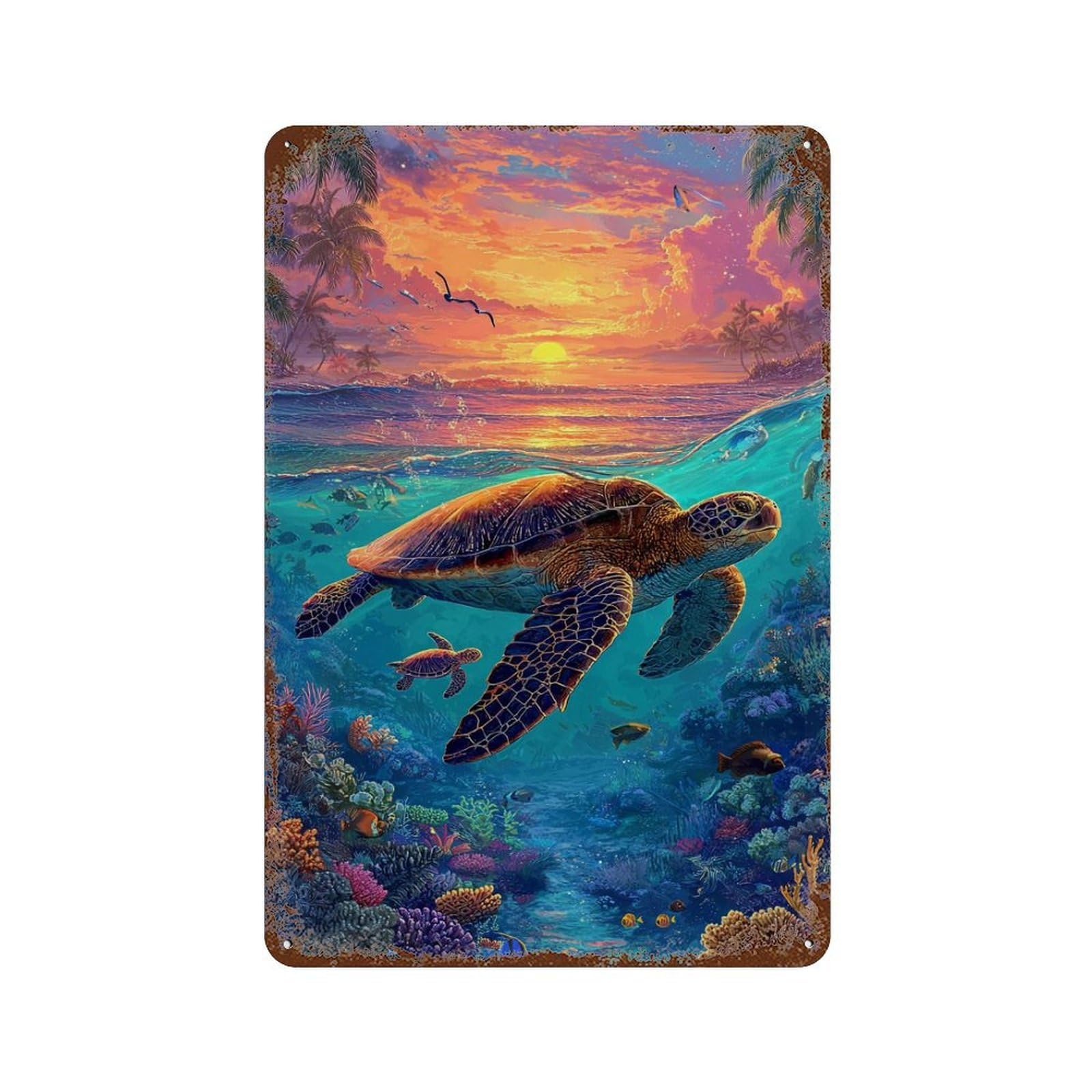 Tropical Sunset Coral Reef Rust Effect Tin Sign 11.8"x7.9", Vintage Wall Decor for Pub, Kitchen And Man Cave Decor