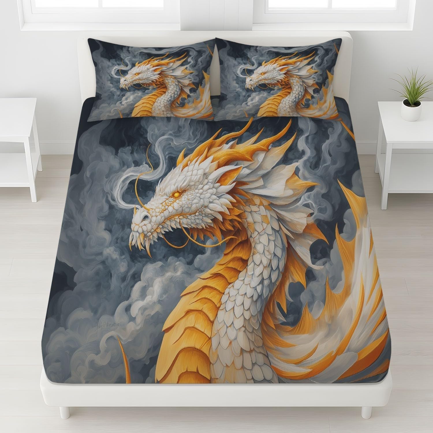 Dragon Small Double Fitted Sheet Clouds Bed Sheets Deep Pocket 12 inch (30 cm) Soft Cozy 3 Piece Microfibre Bed Sheet 120x190 cm with 2 Pillowcases 50x75 cm