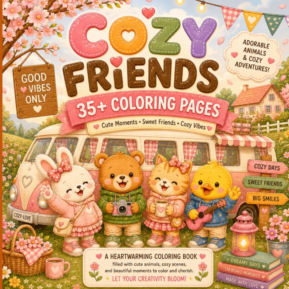 COZY FRIENDS: 35+ Cute & Cozy Coloring Pages for Ages 6–14