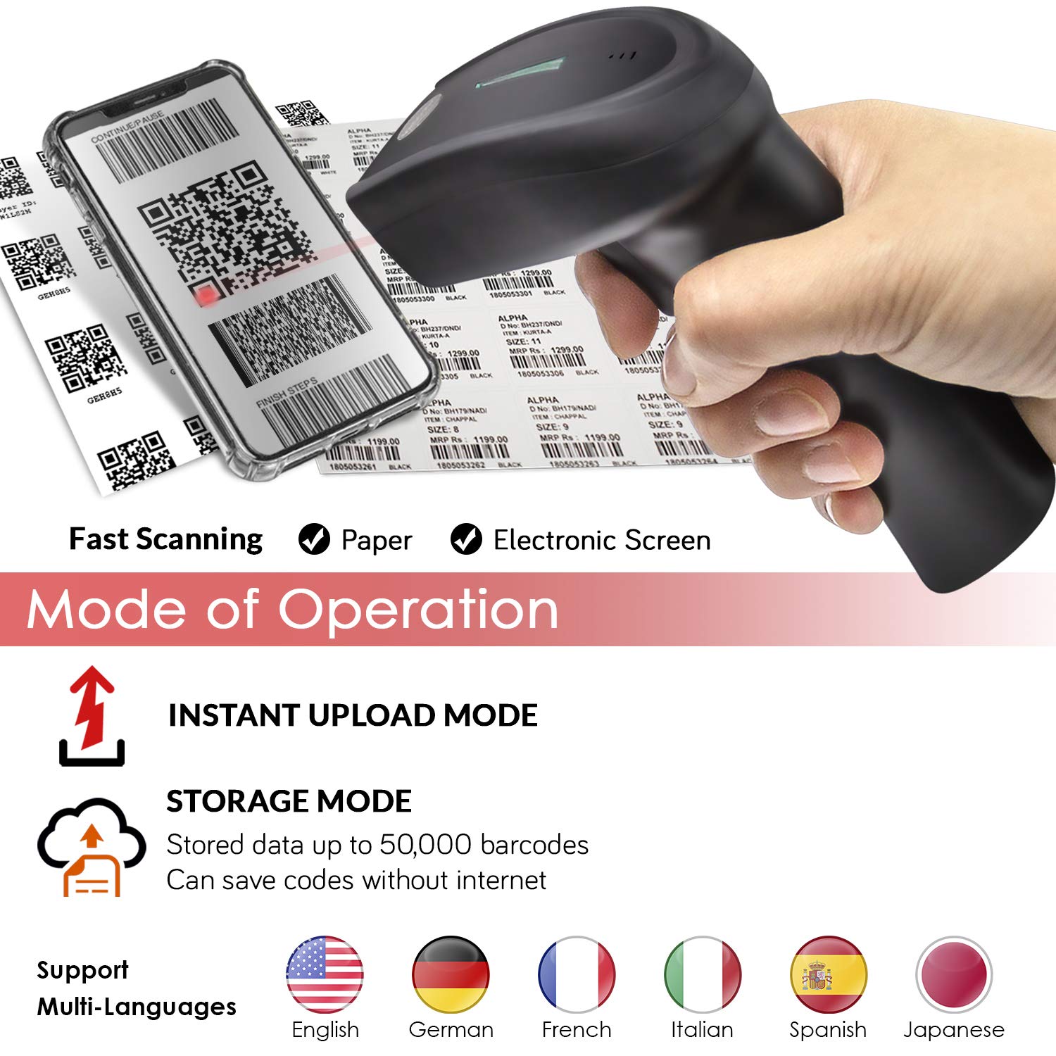 1D 2D Wireless Barcode Scanner Handheld CCD Bar Code Label UPC QR