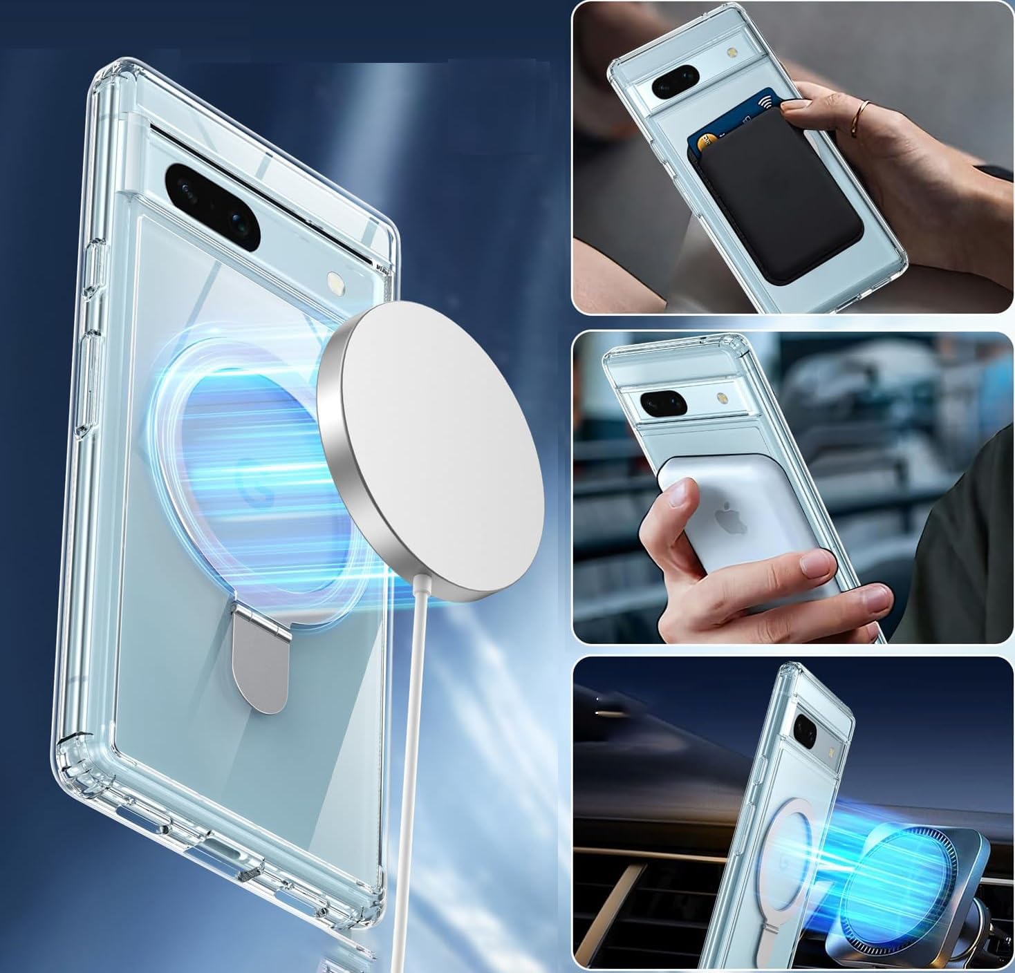Custodia trasparente per Google Pixel 8 Pro, supporto magnetico Mag-safe ad anello, supporto multifunzione, certificato militare statunitense, protezione per obiettivo fotocamera Pixel 8 Pro, argento