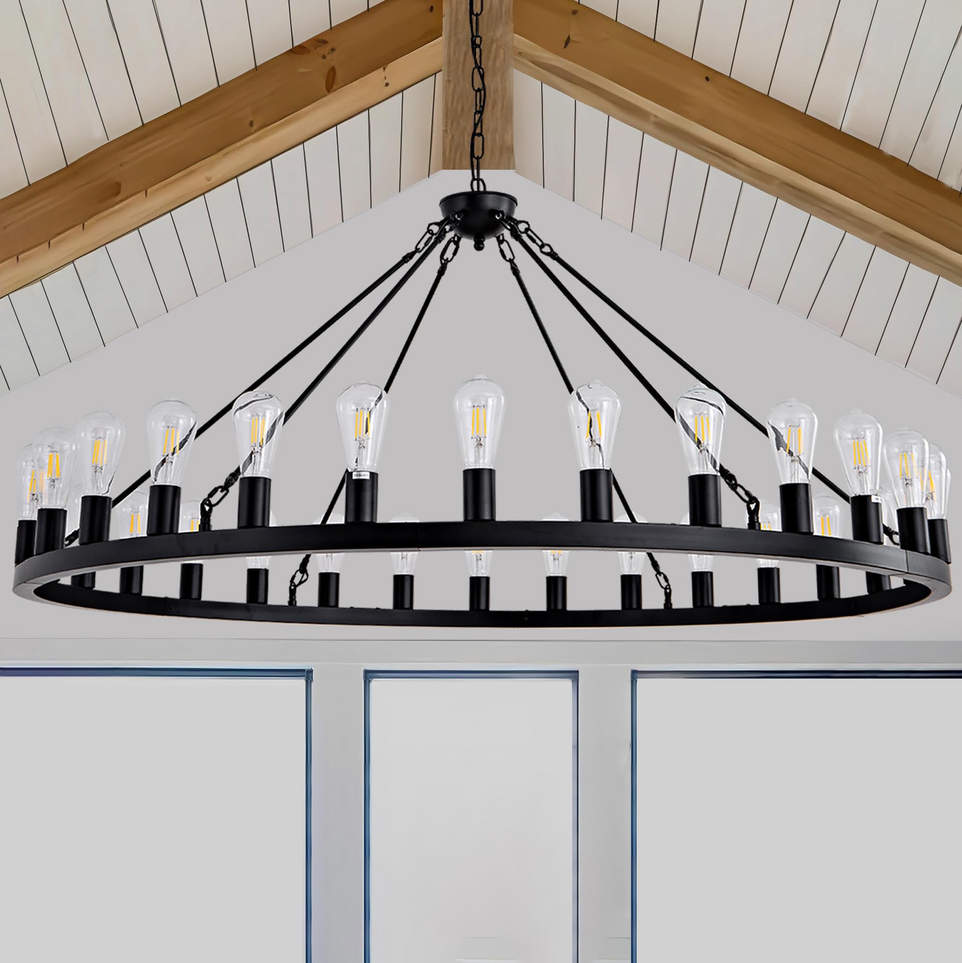SARUDIIR Wagon Wheel Chandelier Farmhouse 53" 30-Light Large Black Farmhouse Round Wheel Chandelier Light fixtures Outdoor Wagon Wheel Chandeliers for