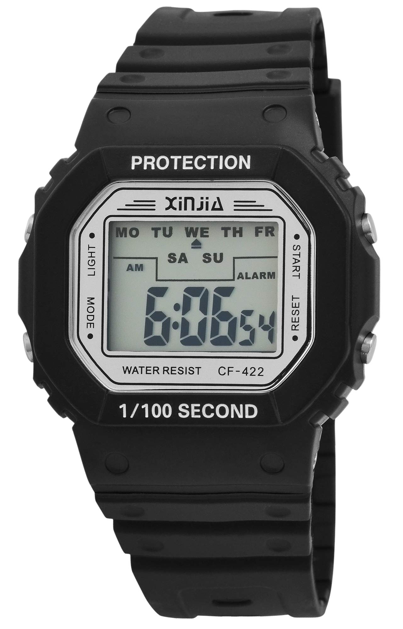 XINJIA Digital Quartz Watch, front view, black silicone strap, rectangular display.