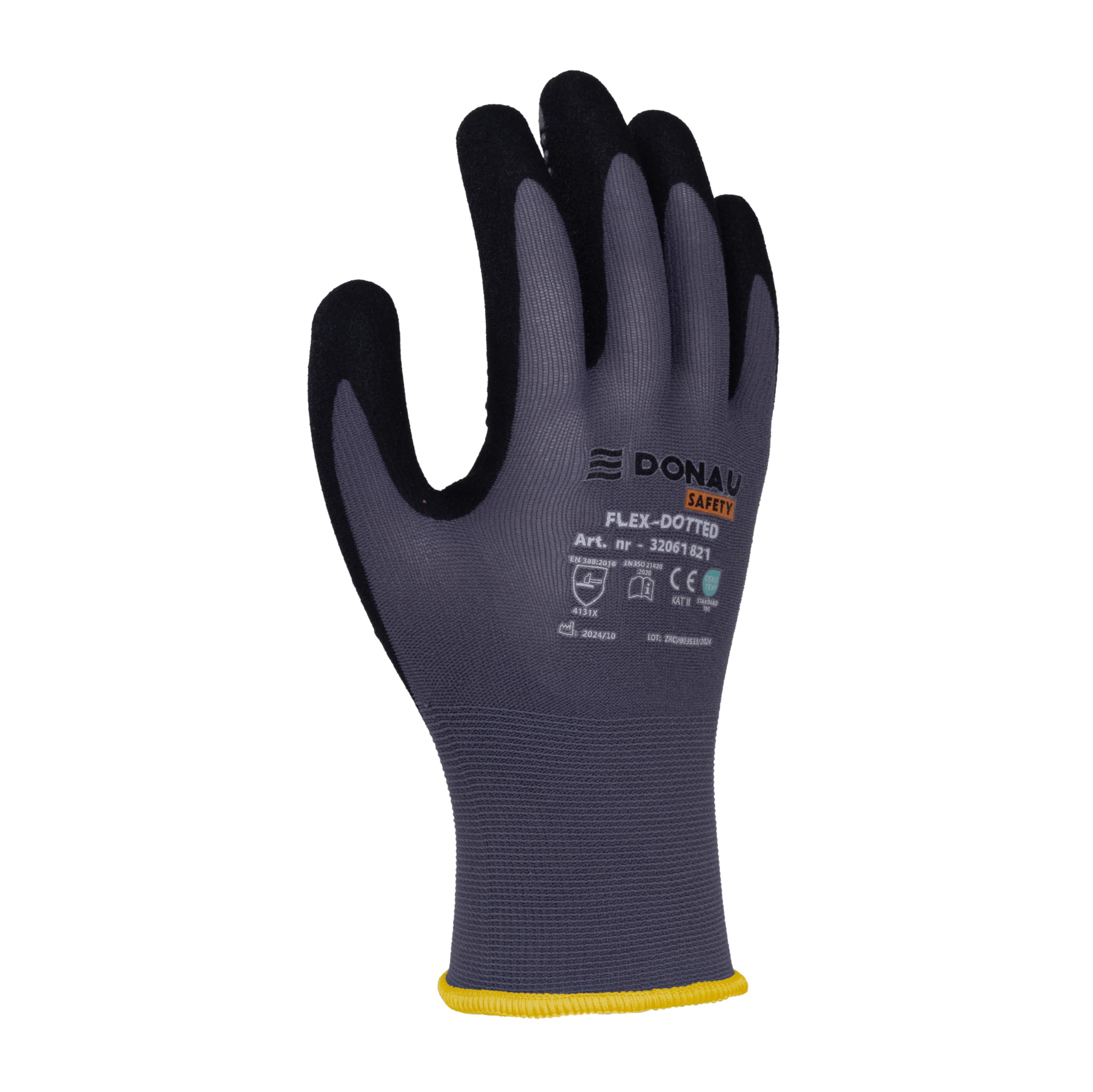 DONAU SAFETY Flex-Dotted rękawice robocze z antypoślizgowym uchwytem z wypustkami/rozmiar 08/M, 1 para/szaro-czarne/mechaniczne rękawice montażowe/powlekane nitrylem, lekkie, odporne na olej, nylon