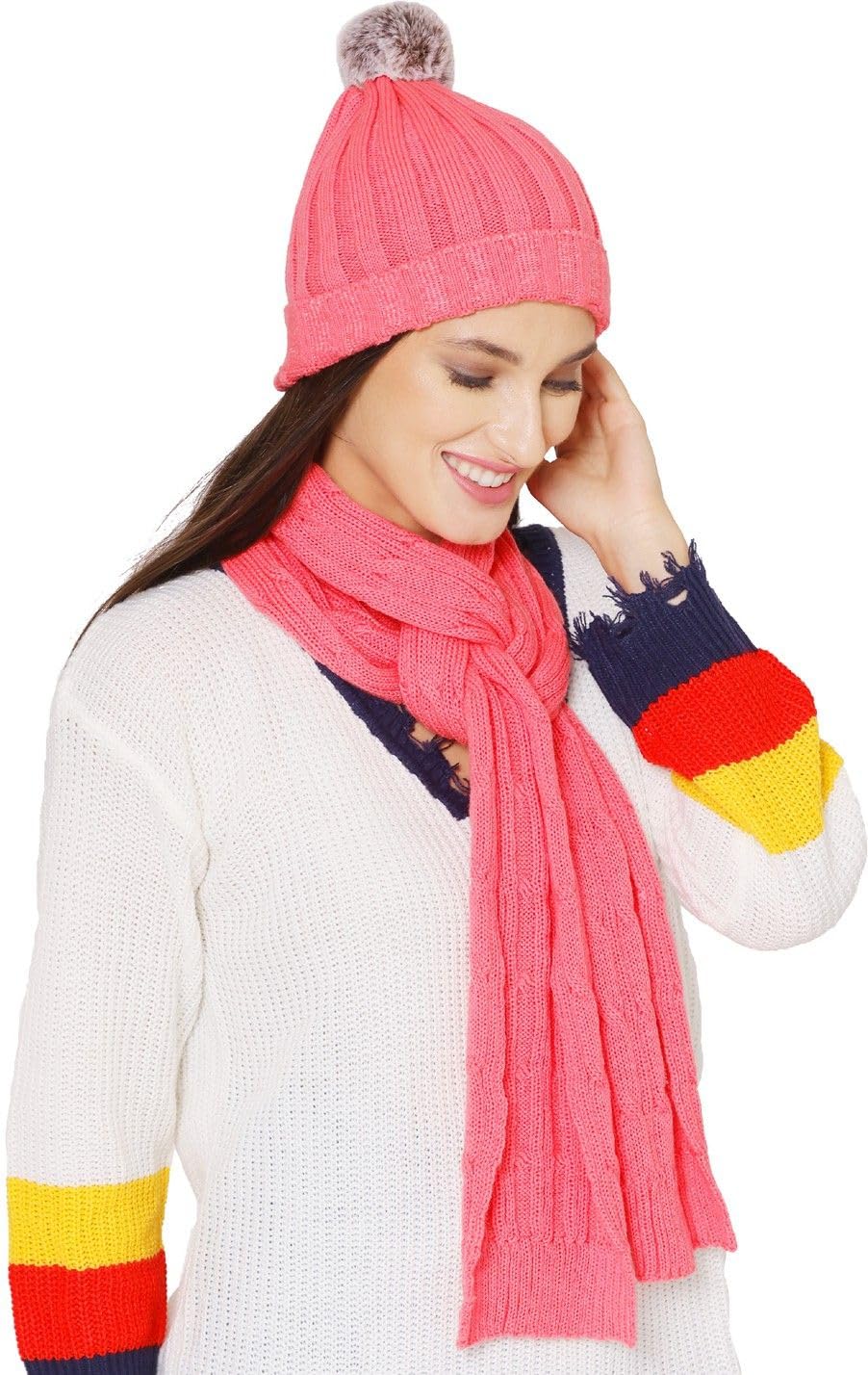 Pink Winter Pom-Pom Cap and Muffler Set for Women & Girls | Soft Acrylic Wool Blend Beanie & Scarf | Warm Knitted Winter Accessory Set | Elegant, Stretchable & Comfortable | Made in India-image-46