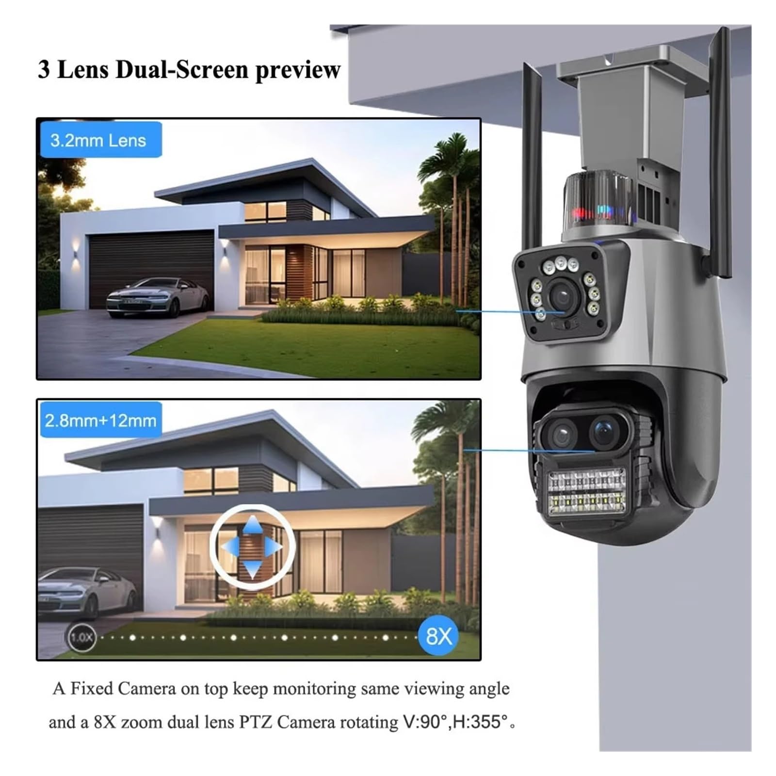 Kit sans Fil à Trois objectifs avec Zoom 8X de 10e génération(2T,4 Cameras 10CH NVR)