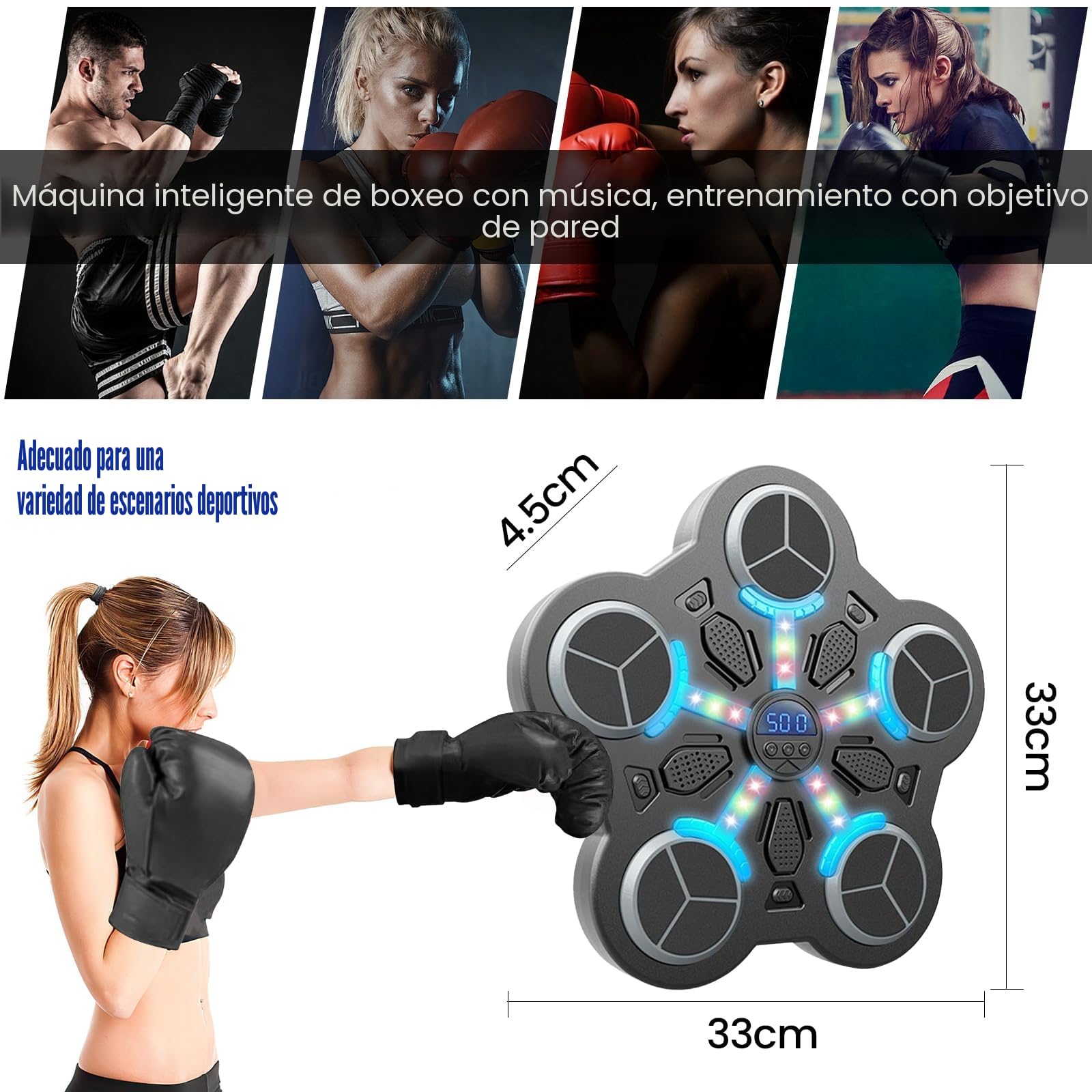 Eznaobo Máquina de Boxeo Musical de Pared con Guantes, 3 Velocidades, Luz LED y Bluetooth