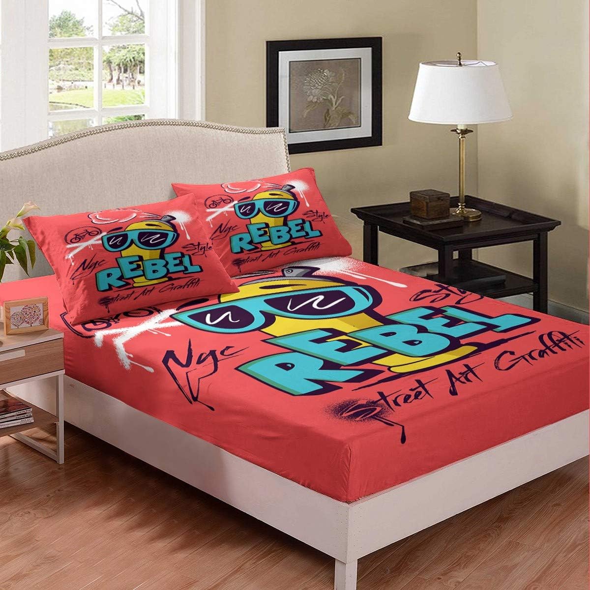 Graffiti Bedding Set Rebel Street Art Hippie Style Bed Sheet Set for Kids Boys Girls Youth Teens Red Spray Paint Hip Hop Luxury Microfiber Fitted Sheet Decor 3Pcs Bed Cover With 2 Pillowcase Full Size