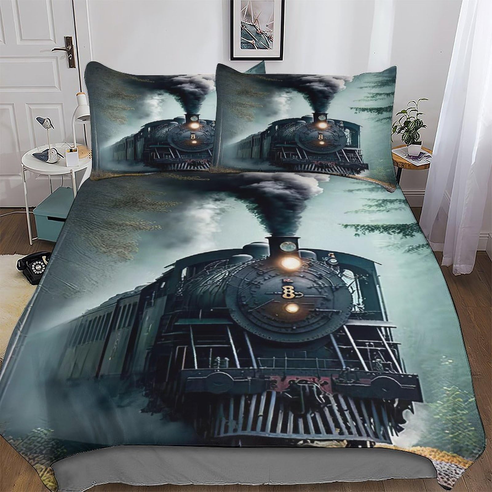 Housse de couette train pour chambre d'enfant parure de lit 3D microfibre double 200x200