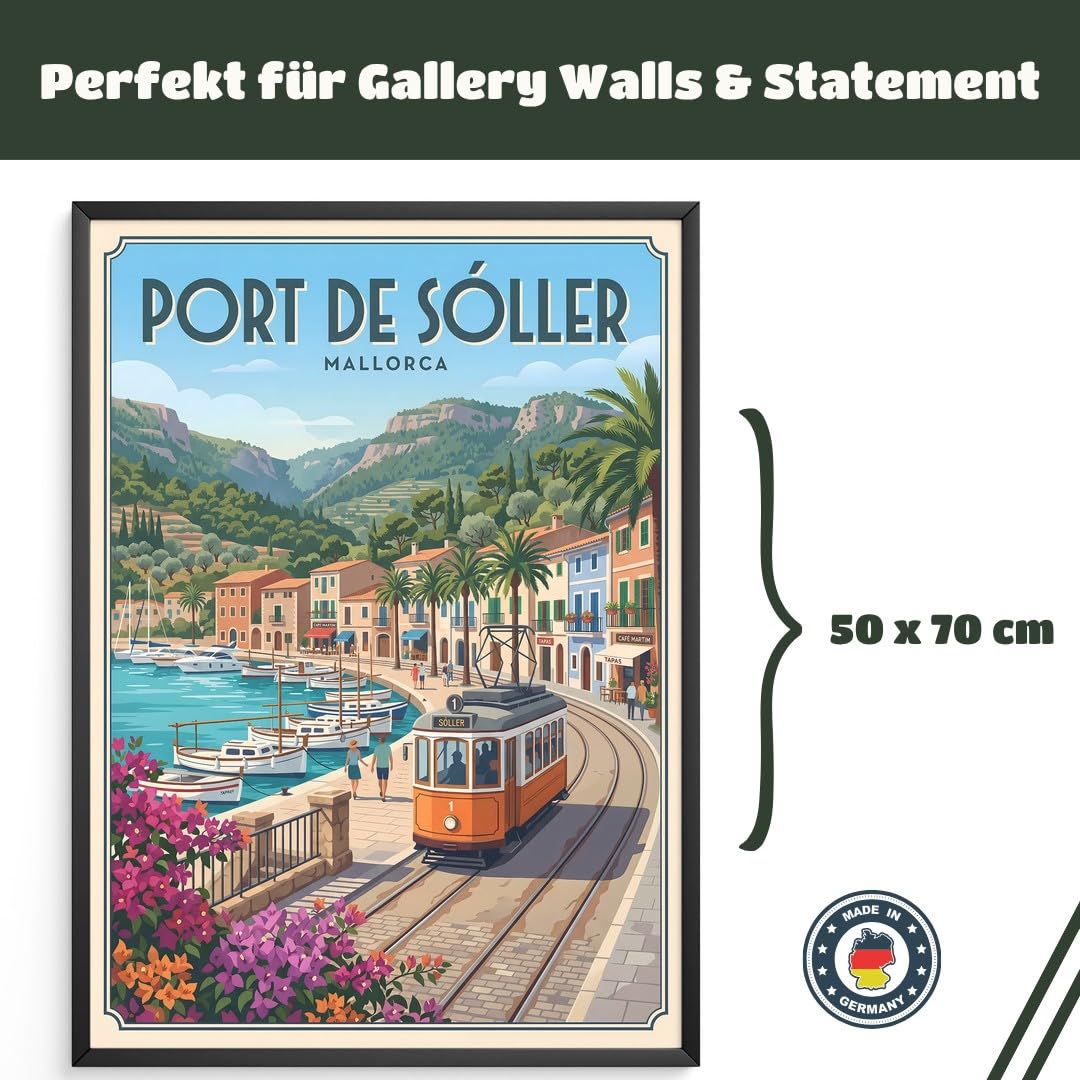 MJ-GRAPHICS® Wandbild Hafen Tram Poster Port Soller Kunstdruck mediterran Bilder Landschaft Deko Sommer Stadtbild Palmen Wanddeko Wohnzimmer Retro Vintage 50x70 mit weißem Rahmen