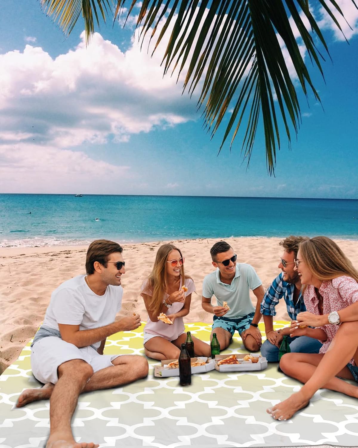Vinatage Moroccan Flowers Plaid Beach Blanket Waterproof Sandproof Outdoor Picnic Mat 118"x108" Ombre Style Lightweight Large Beaach Blankets with 4 Stake & 4 Corner Pockets