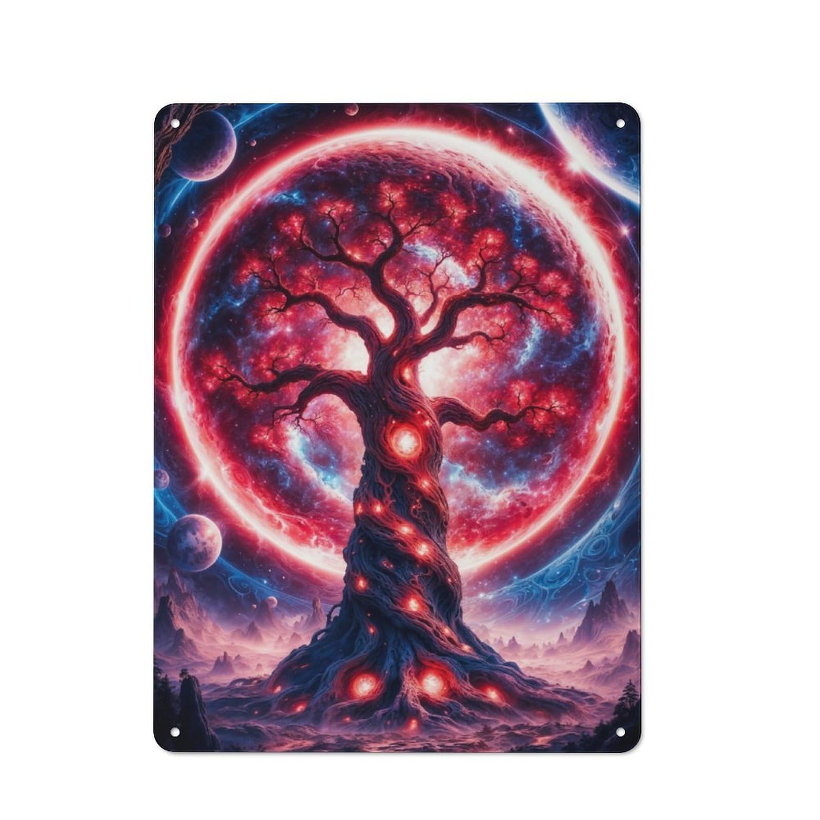 Junmoney Red Fantasy Space Tree Metal Wall Sign 40X30cm, Rustic Decor For Hallway Wall, For Metal Sign Collectors, For Garage And Workshop Walls