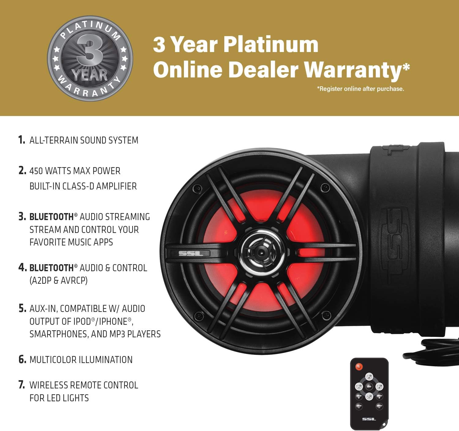 Sound Storm Laboratories BTB6L ATV UTV Sound System - 6.5 Inch Speakers, 1 Inch Tweeters, Full Range, IPX5 Weatherproof, Bluetooth, Built-in Amplifier, Multicolor Illumination, Golf Cart Compatible - Image 2