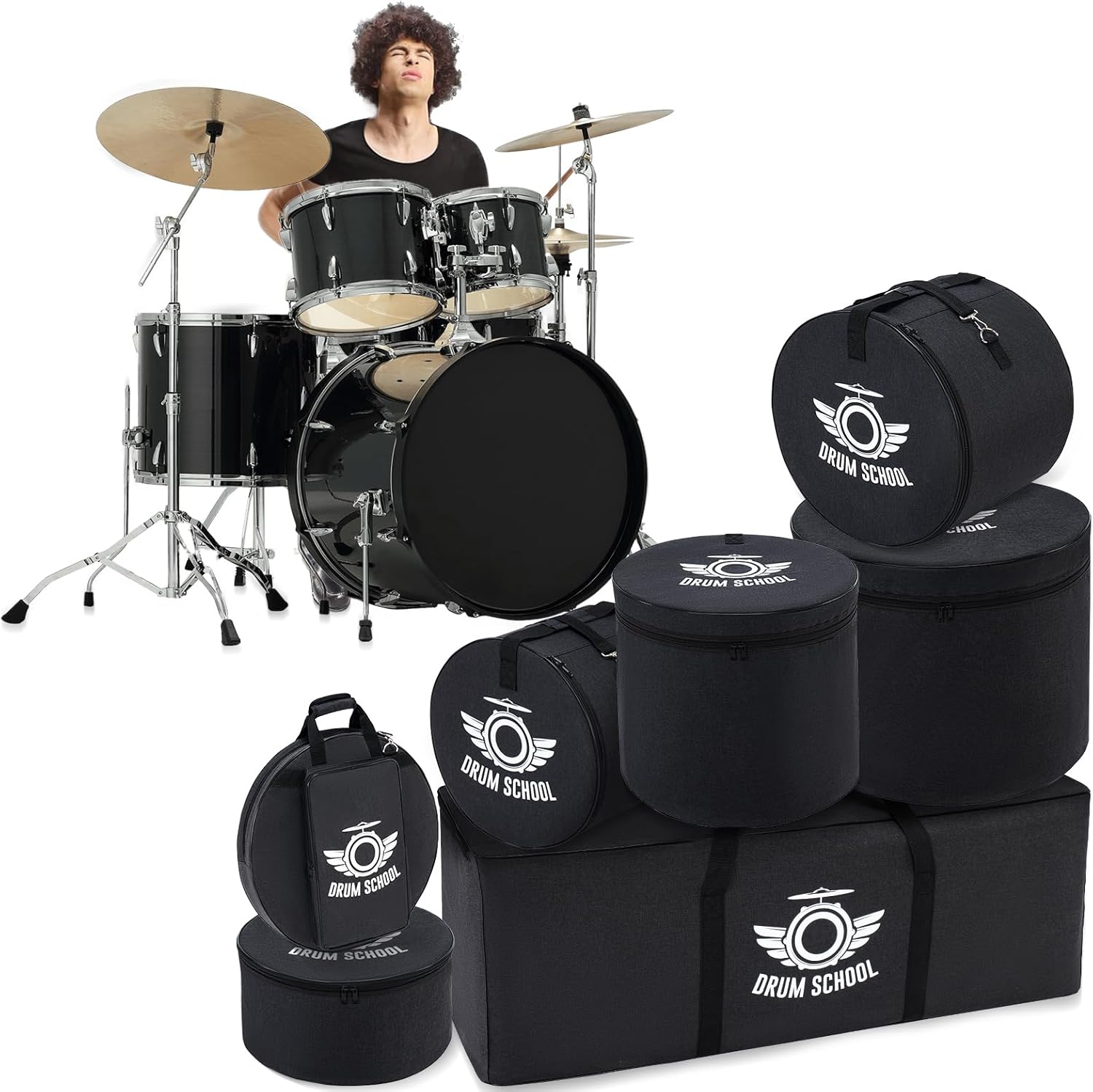 Drum Bags Set 7-pcs, Drum Soft Carrying Cases Set for 10" / 12" Tom, 14" Snare, 16" Floor Tom, 22'' * 18'' Bass, 22" Cymbal, Hardware Bag, Heavy Duty, Durable (Fusion 16)