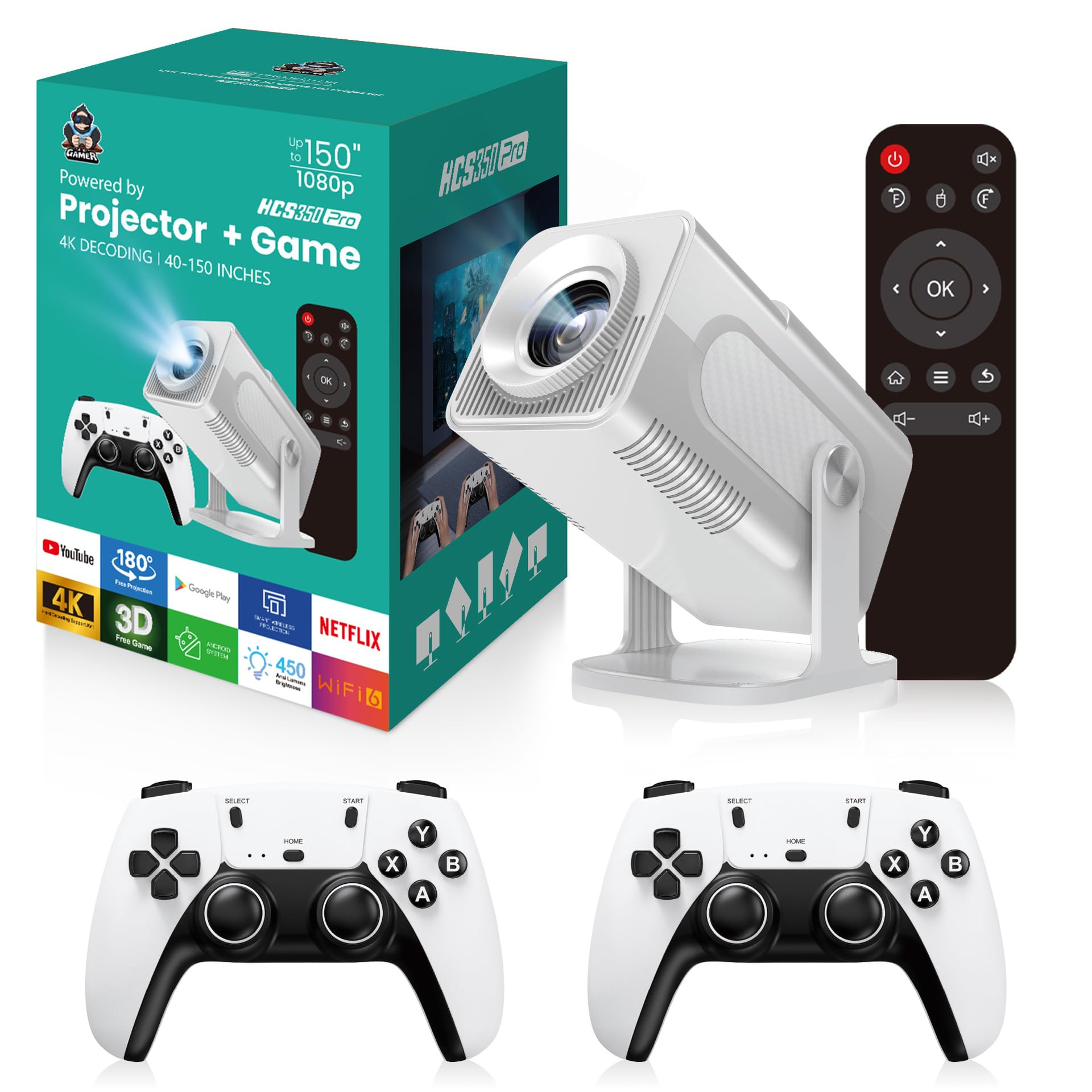 HCS350 Pro Projector and game,Retro 4K Smart Game Projector 1280*1080P Built-in 30000 Games,Portable video game with 2 Wireless Controllers,5G WiFi