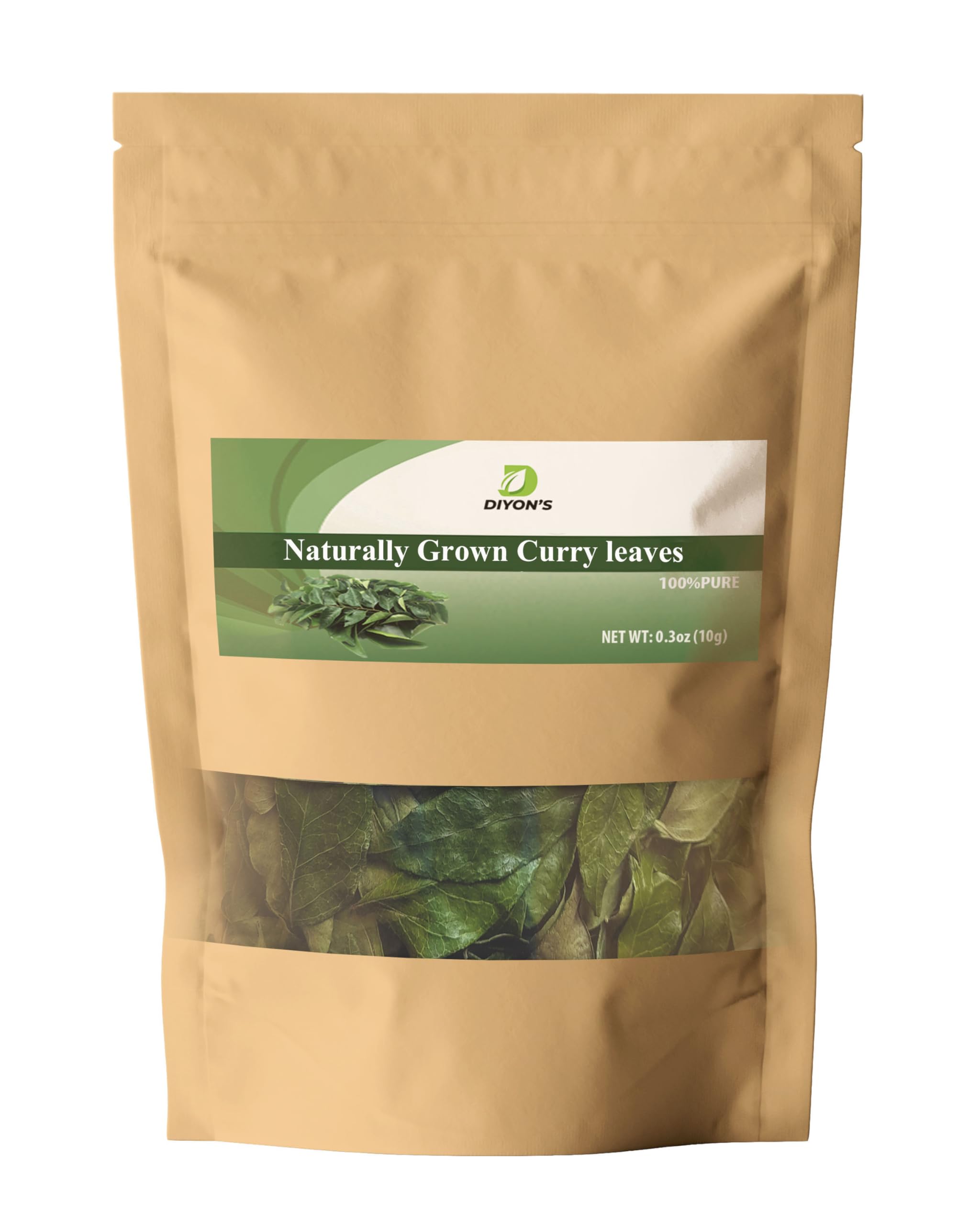 Diyon's whole dried Curry leaves 0.3oz (10g) 100% Natural, Pure and Air Dried Curry Leaves From Sri Lanka, Packed in a Kraft Stand up Resealable Pouch.