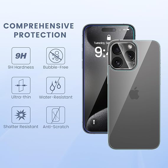 Maxdara アップグレード 6イン1 iPhone 15 Pro Max用スクリーンプロテクター 6.7インチ iPhone 15 Pro Max用 背面スクリーンプロテクター フロントスクリーンプロテクター カメラレンズプロテクター付き 2+2+2パック 強化ガラス