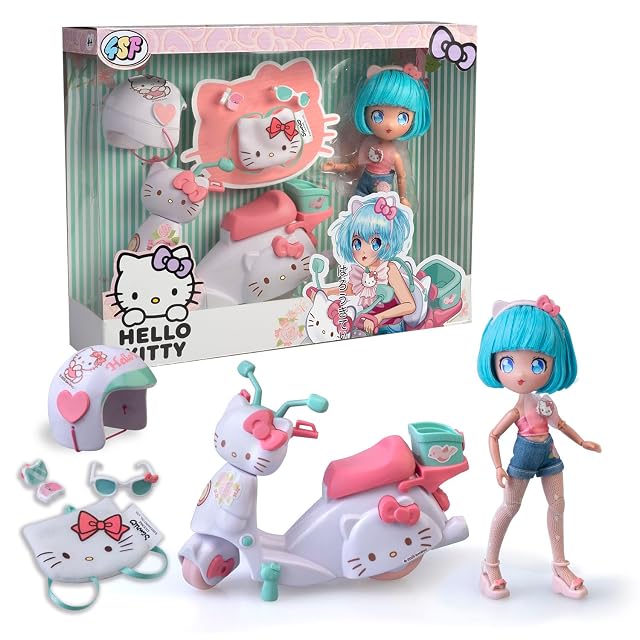 4SF - Hello Kitty Pretty Pink Scooter, Muñeca Fashion Japonesa con Moto y Accesorios, Figura de 19.5 cm con…