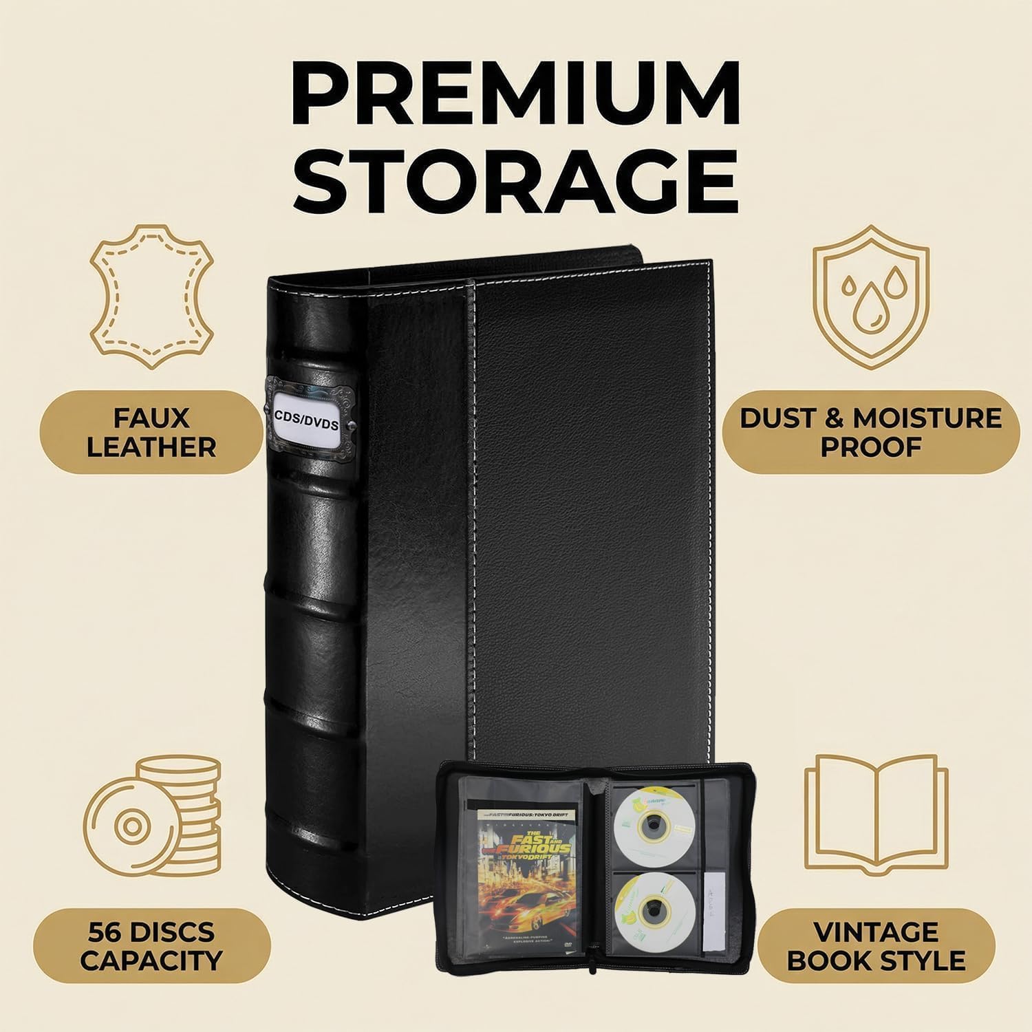 CD DVD Storage Binder with Zipper - Holds 56 Discs & 28 Booklet Pockets & 56 Tag Slots, High-end PU Leather Cover for Blu-ray Movies, Music CDs, Audio Disks, Portable Media Organizer, Black