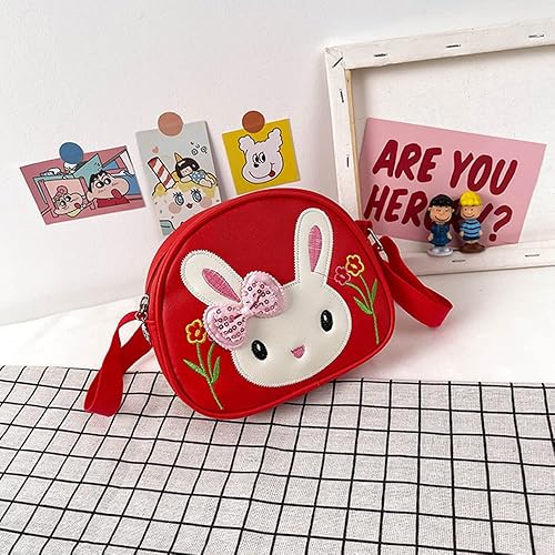 Miniatura 5 de Bolso bandolera de piel sintética para niña, diseño de conejo, con lazo de dibujos animados, Rojo