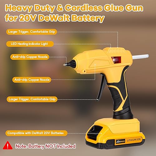 Vista 10 de Pistola de pegamento caliente inalámbrica de tamaño mini compatible con batería DeWalt de 20 V (batería no incluida), kit de pistola de pegamento