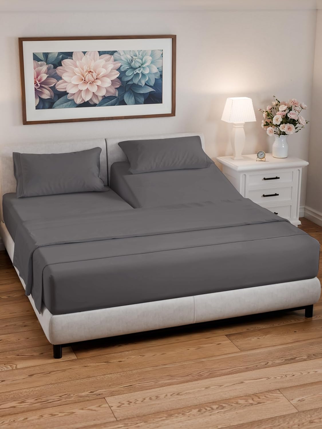 Split Head King Sheets Set - Top Split King Sheets for Adjustable Beds, Easy-Fit Split Head King Mattress - Flex Split Top King Sheets, Easy-Fit, Breathable, Deep Pocket Split King Sheets - Dark Grey