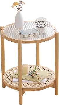 طاولة Tiita Rattan Nightstand الجانبية ، طاولات سرير Bamboo Accent ، طاولات قهوة زجاجية ، طاولة Boho الخشبية مع تخزين للمساحات الصغيرة وغرفة المعيشة وغرفة النوم